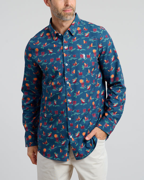 Old Fashioned Holiday Men's Button Down | Navy | Front | William Murray Golf