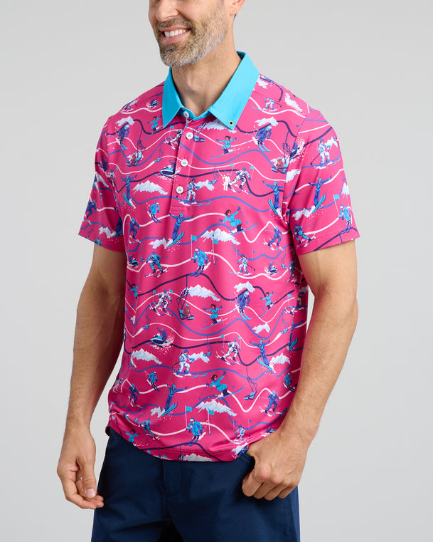 Moguls Not Mulligans Men's Polo | Pink | Angle | William Murray Golf